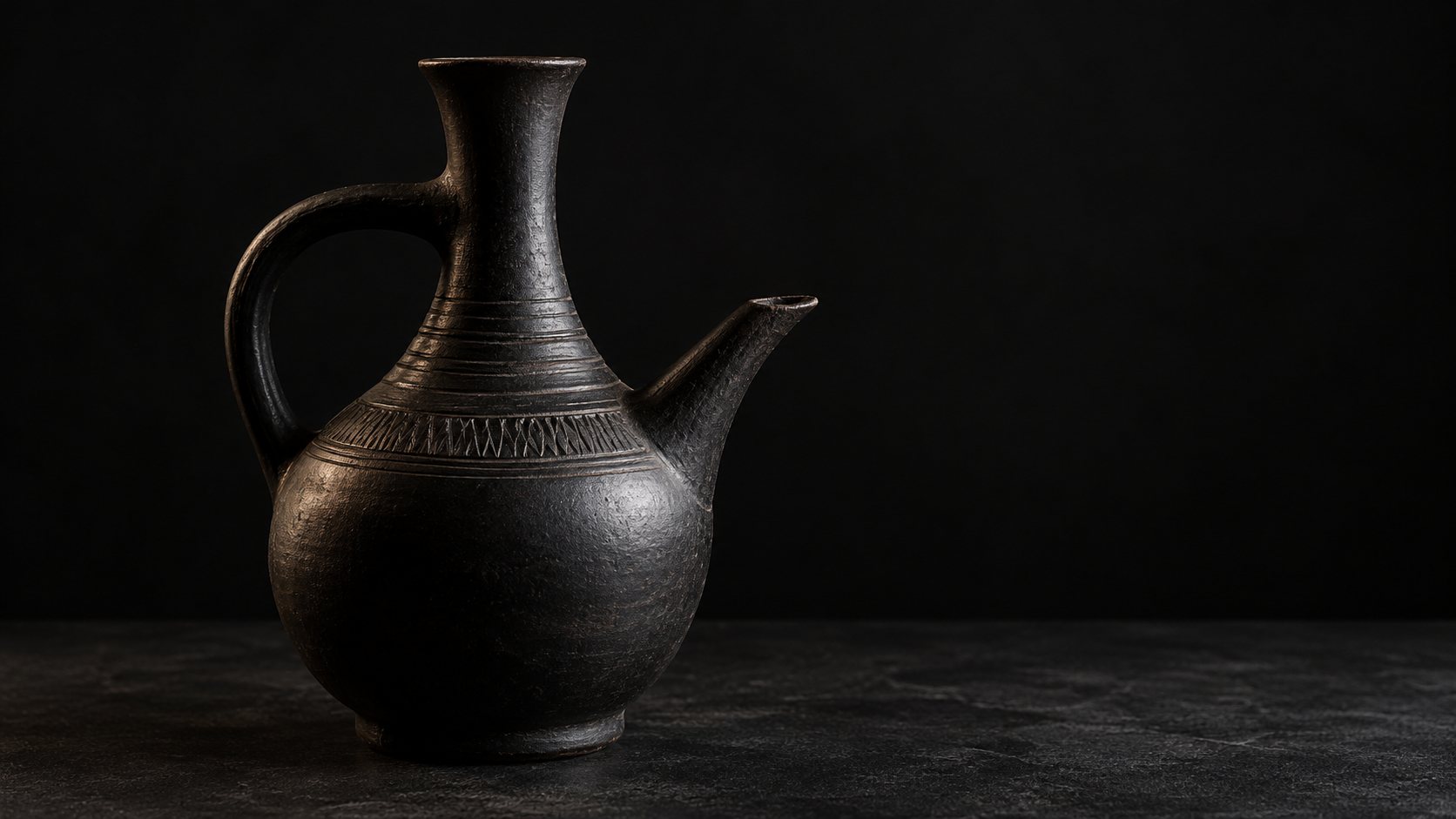 A black clay jebena coffee pot on a dark table