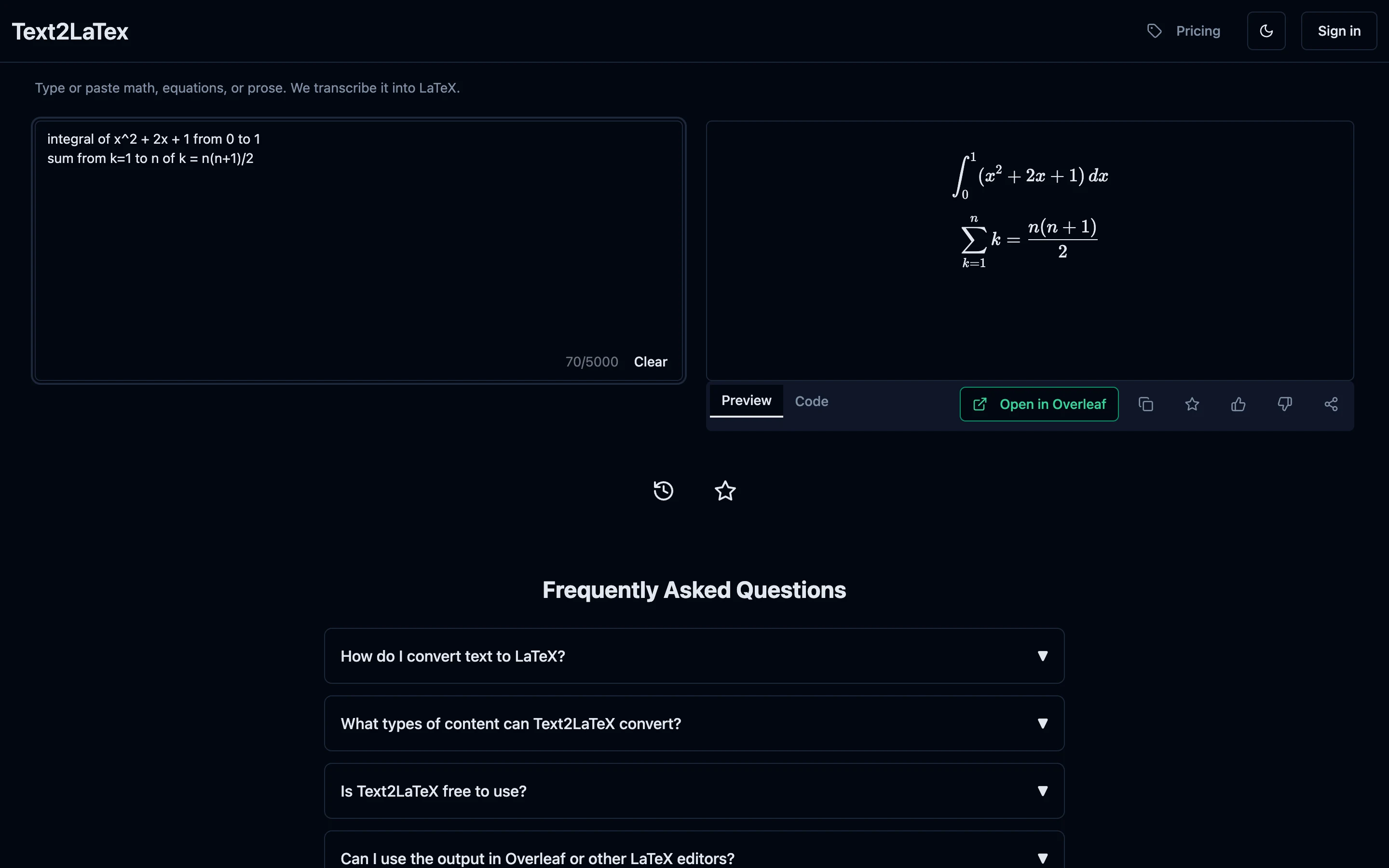 Text2LaTeX in a browser: typed math on the left, the rendered LaTeX equations on the right